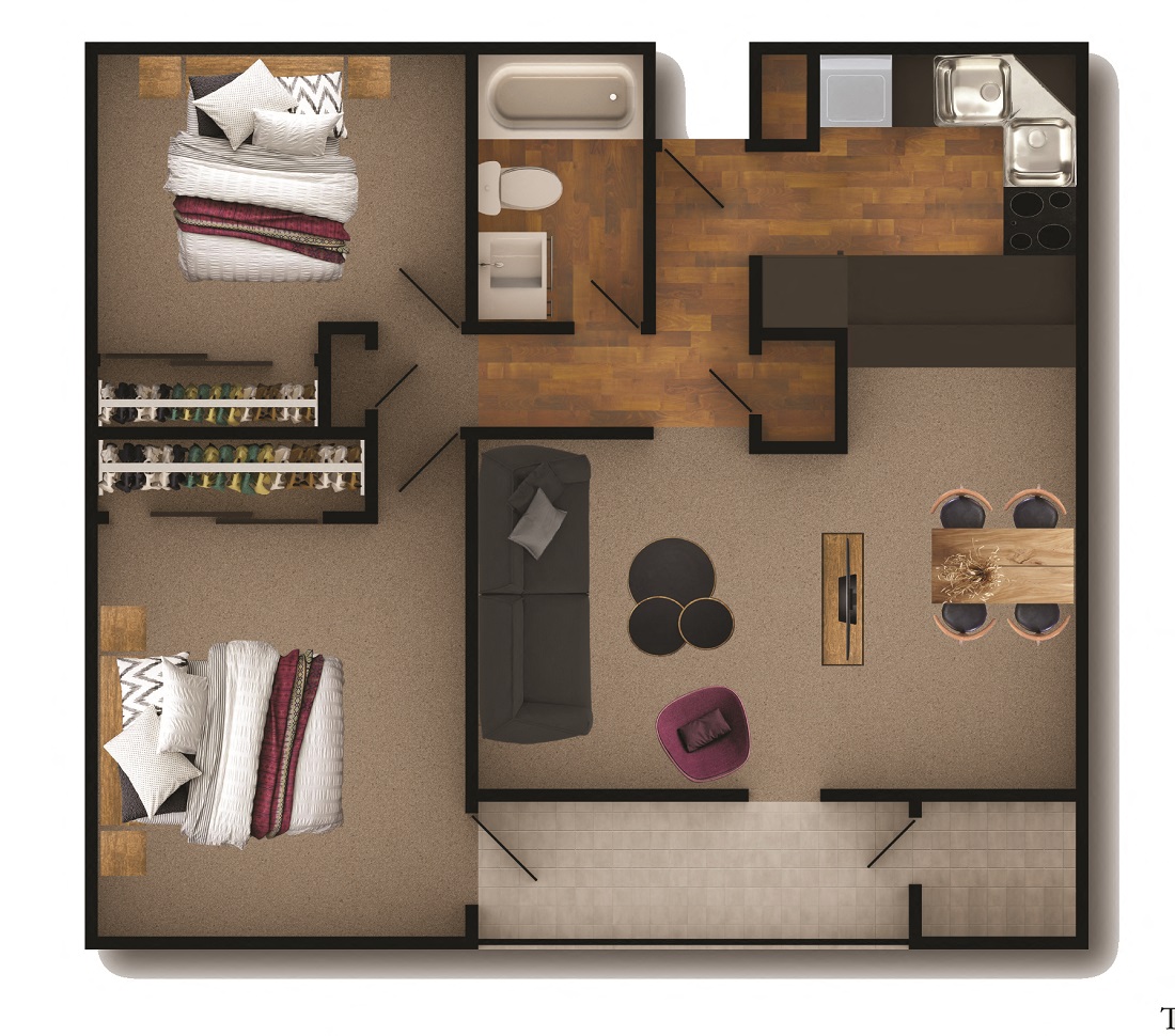 Floor plan for 2 beds, 1 bath, 903 sqft